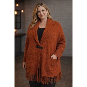 Vintage Wool Blend Carole Little Orange Knit Sweater 1X With Fringe